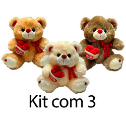 Kit: 3 Ursos Coração Cesta